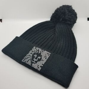 NWT Anne Klein black ribbed pom beanie with rhinestone lion logo